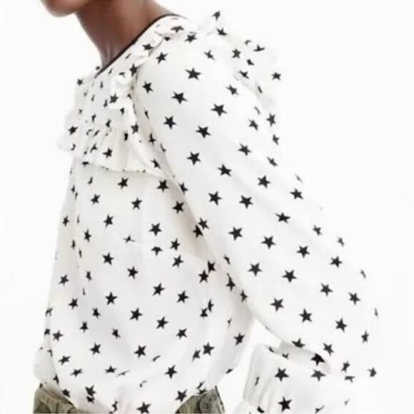 J. Crew Long Sleeve Silk Blouse Top Size 6 Off White Star Printed Ruffle - Picture 2 of 9